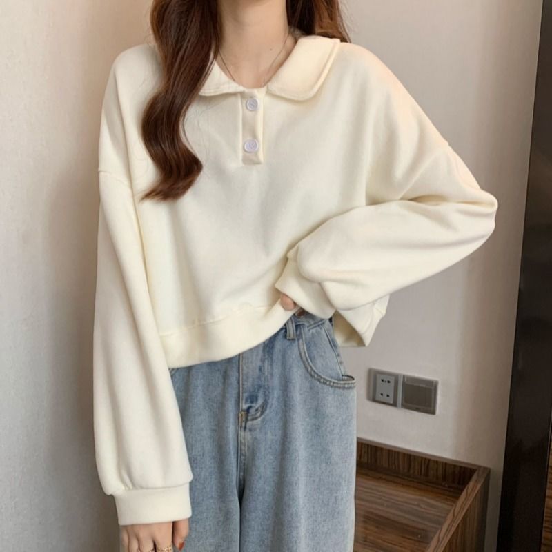 Polo Collar Long-sleeved short Sweatshirt exclusively for women.