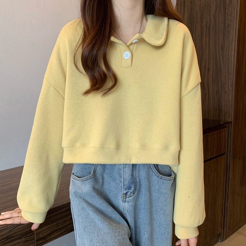 Polo Collar Long-sleeved short Sweatshirt exclusively for women.