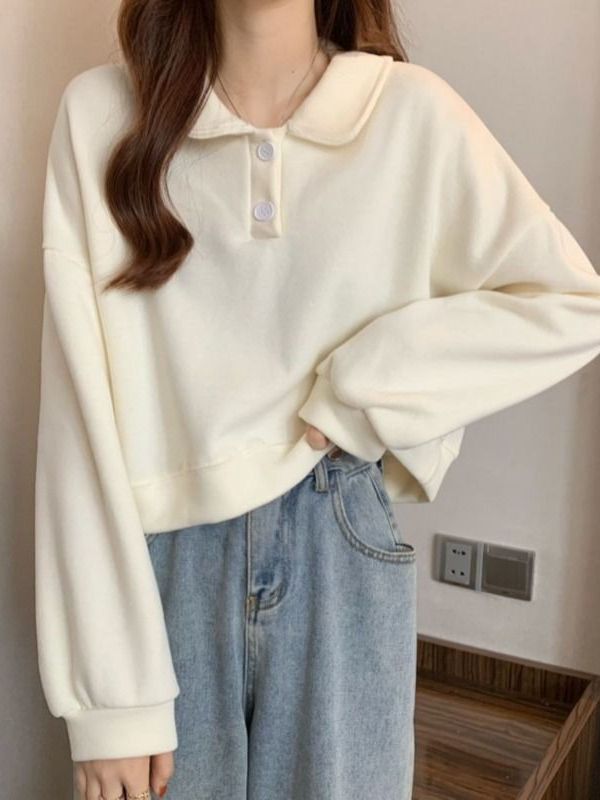 Polo Collar Long-sleeved short Sweatshirt exclusively for women.