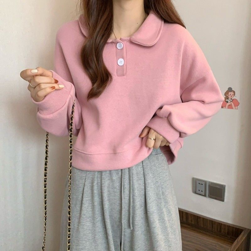 Polo Collar Long-sleeved short Sweatshirt exclusively for women.
