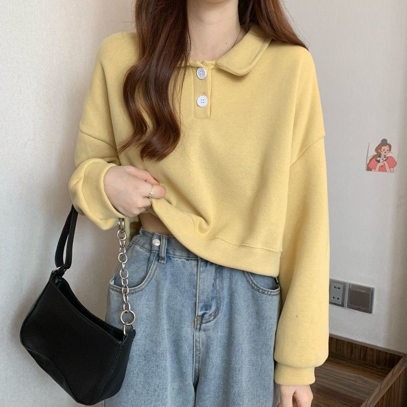 Polo Collar Long-sleeved short Sweatshirt exclusively for women.