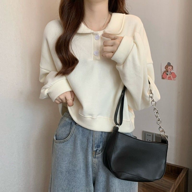 Polo Collar Long-sleeved short Sweatshirt exclusively for women.