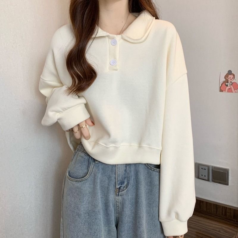Polo Collar Long-sleeved short Sweatshirt exclusively for women.
