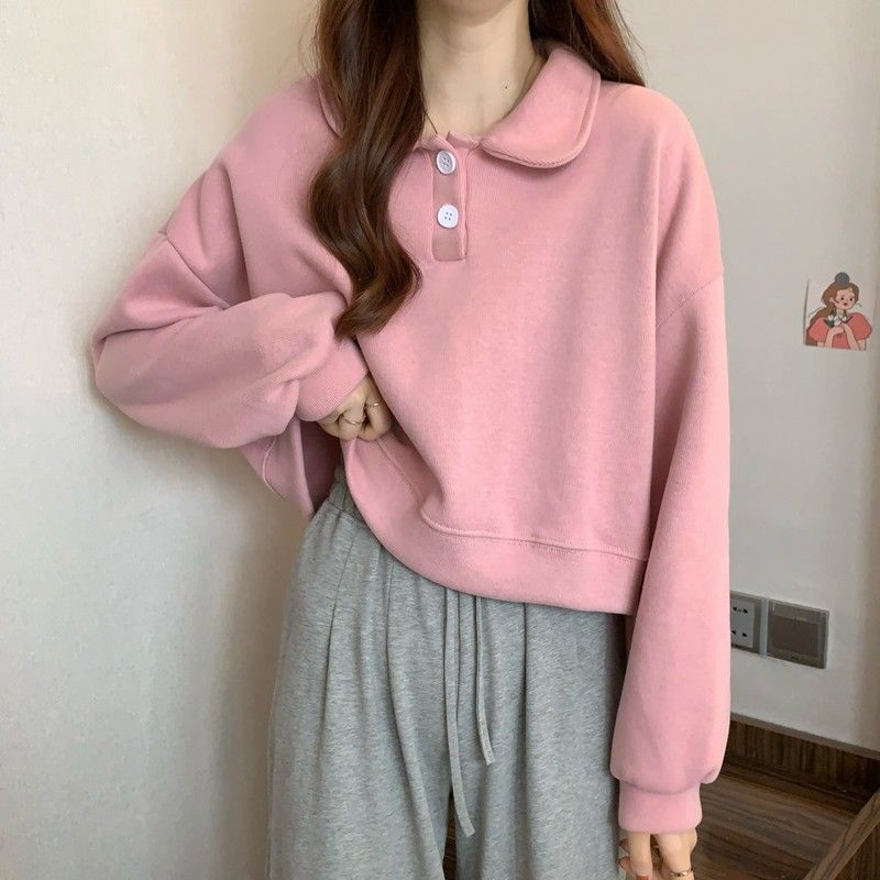 Polo Collar Long-sleeved short Sweatshirt exclusively for women.