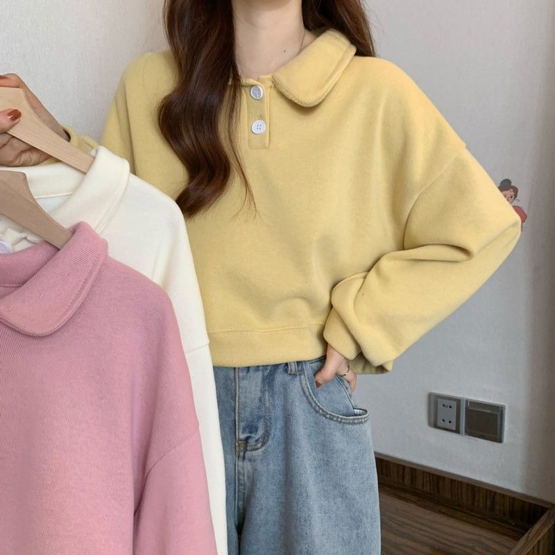 Polo Collar Long-sleeved short Sweatshirt exclusively for women.