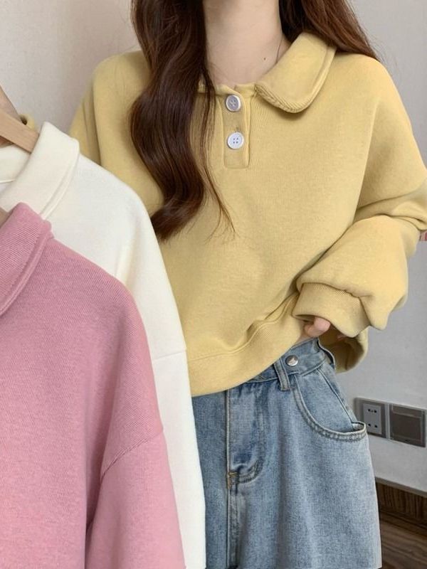Polo Collar Long-sleeved short Sweatshirt exclusively for women.