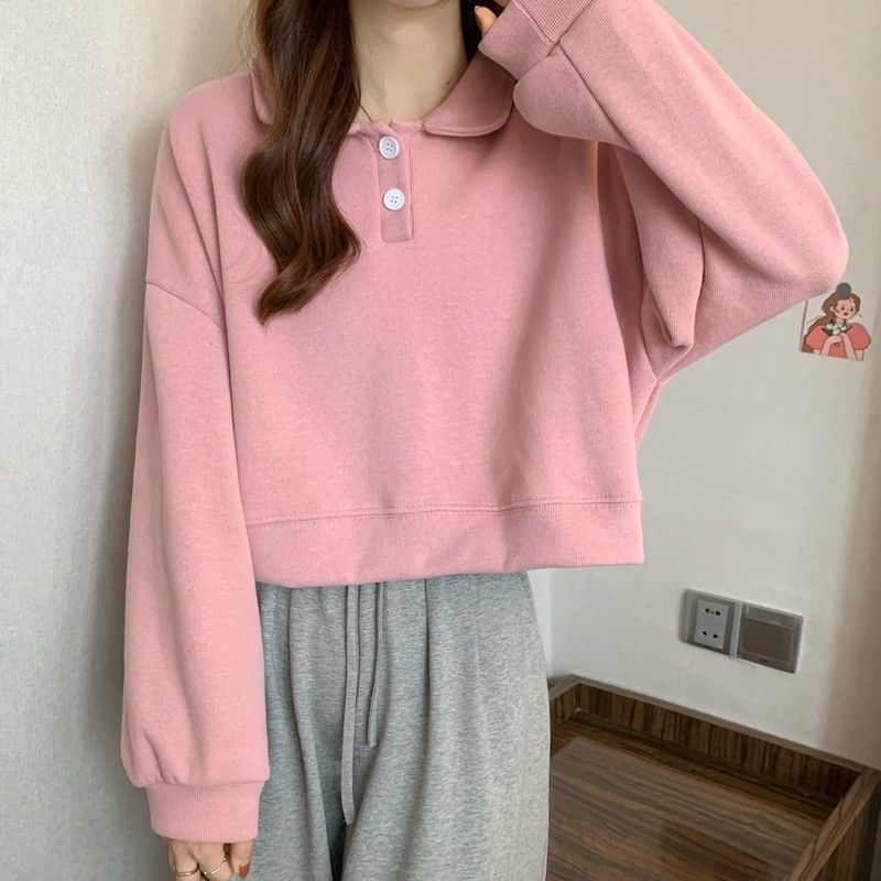 Polo Collar Long-sleeved short Sweatshirt exclusively for women.