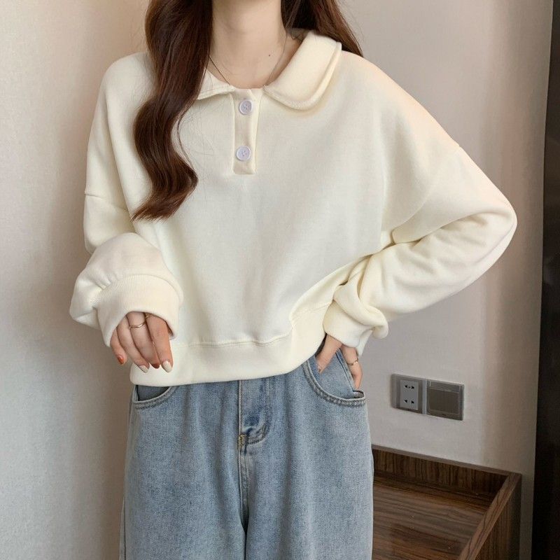 Polo Collar Long-sleeved short Sweatshirt exclusively for women.