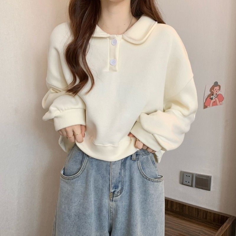 Polo Collar Long-sleeved short Sweatshirt exclusively for women.