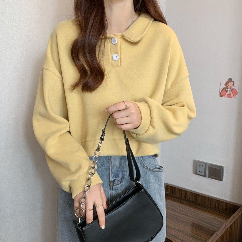 Polo Collar Long-sleeved short Sweatshirt exclusively for women.