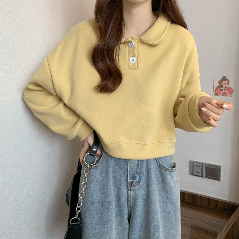 Polo Collar Long-sleeved short Sweatshirt exclusively for women.