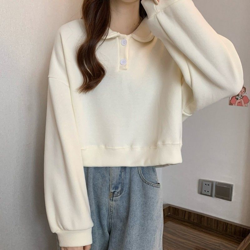 Polo Collar Long-sleeved short Sweatshirt exclusively for women.