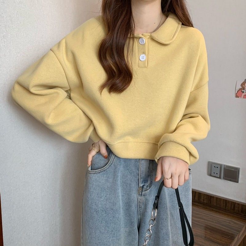 Polo Collar Long-sleeved short Sweatshirt exclusively for women.