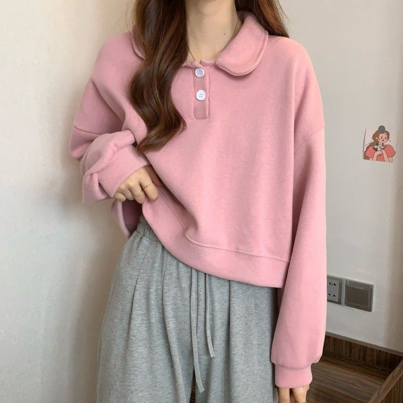 Polo Collar Long-sleeved short Sweatshirt exclusively for women.