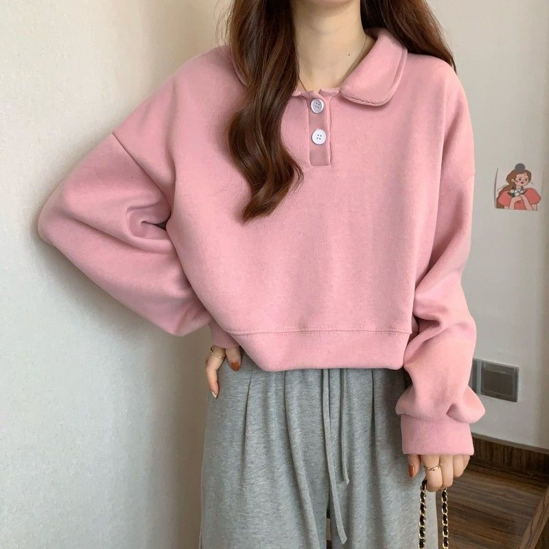 Polo Collar Long-sleeved short Sweatshirt exclusively for women.