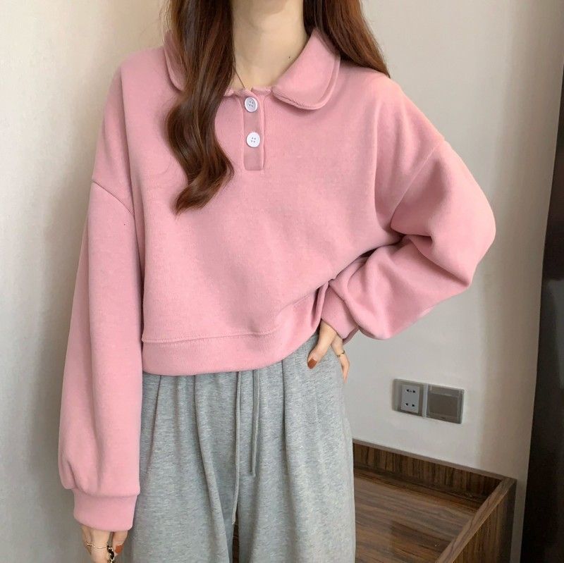 Polo Collar Long-sleeved short Sweatshirt exclusively for women.