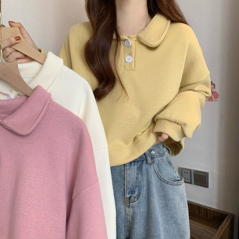 Polo Collar Long-sleeved short Sweatshirt exclusively for women.