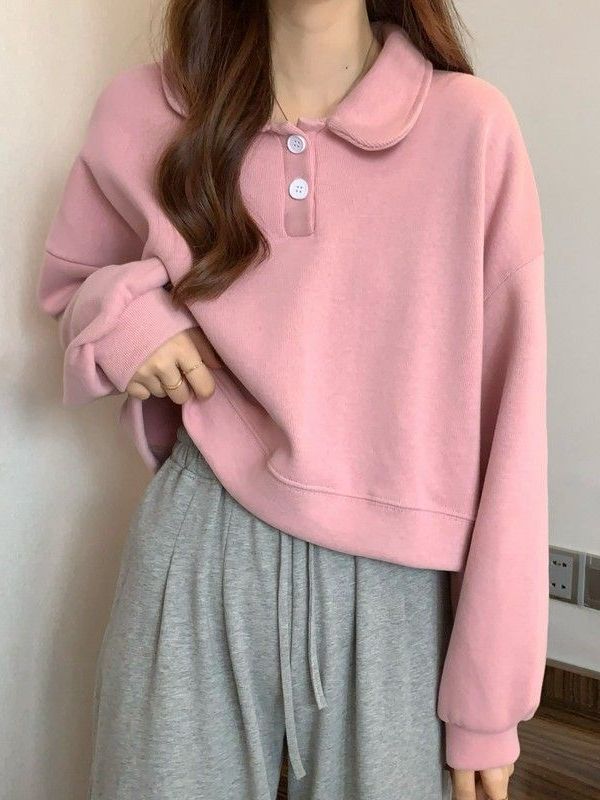 Polo Collar Long-sleeved short Sweatshirt exclusively for women.