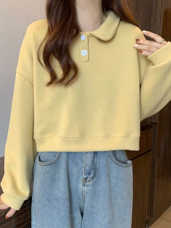 Polo Collar Long-sleeved short Sweatshirt exclusively for women.
