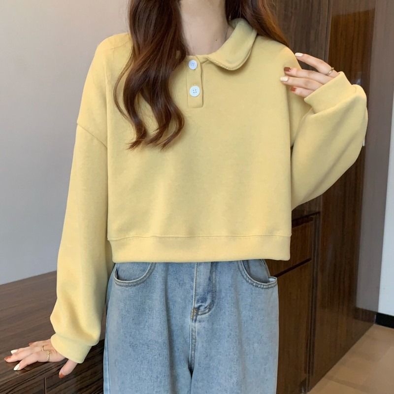 Polo Collar Long-sleeved short Sweatshirt exclusively for women.