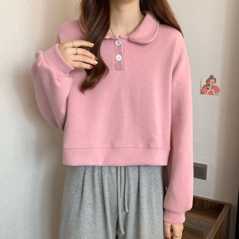 Polo Collar Long-sleeved short Sweatshirt exclusively for women.